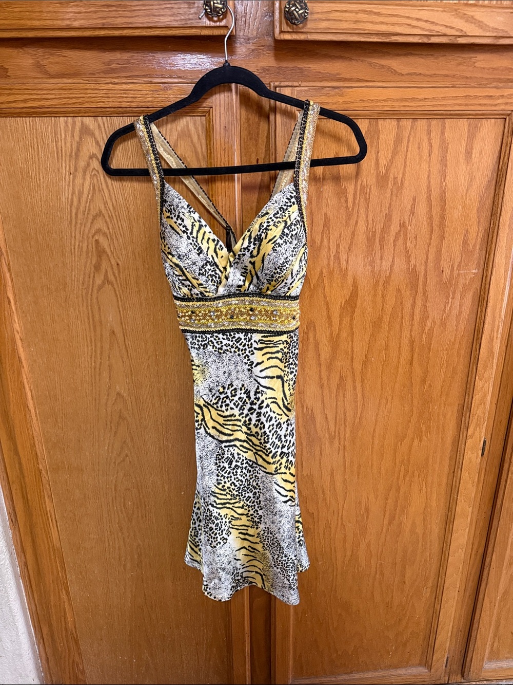 Yellow Animal-Print Embellished V-Neck Mini Dress
